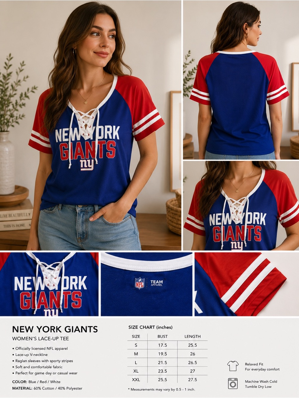 NFL New York Giants Lace-Up V-Neck Tee in Blue & Red